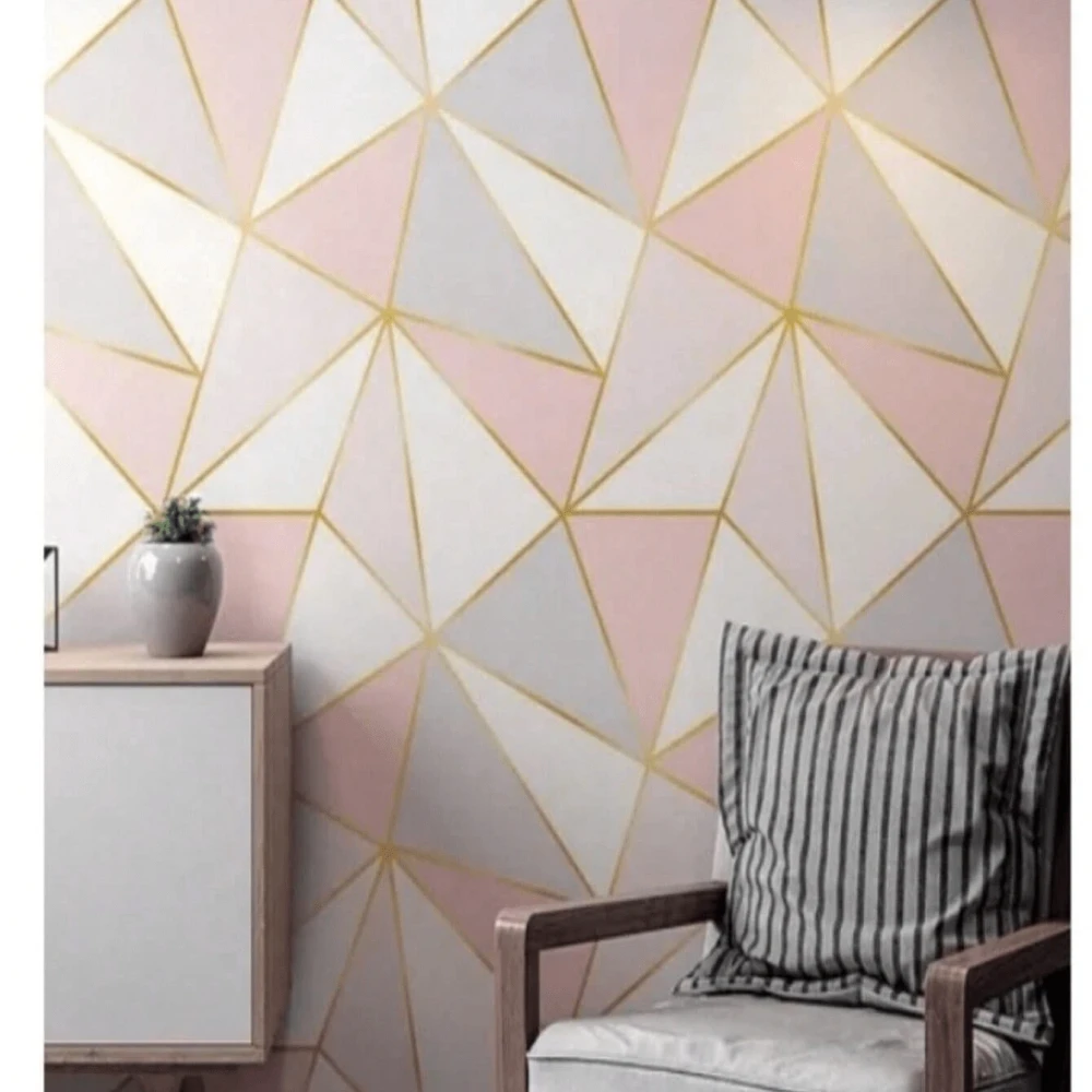 Papel de Parede Decorativo Bellanzo Glam Rosé com Filetes Dourados 3D