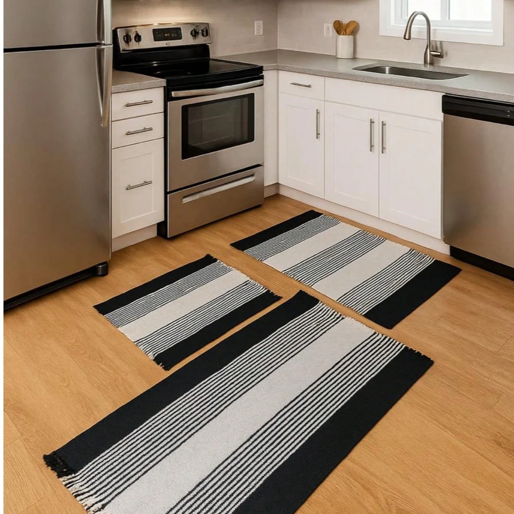 Trio de Tapetes Culinários Bellanzo Chevron Black & Beige Confort (3 Peças)